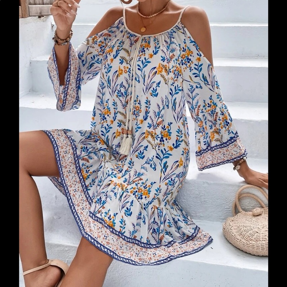 Boho Gypsy Floral Print Tassel Cold Off Drop Shoulder Dress - Picture 10 of 15